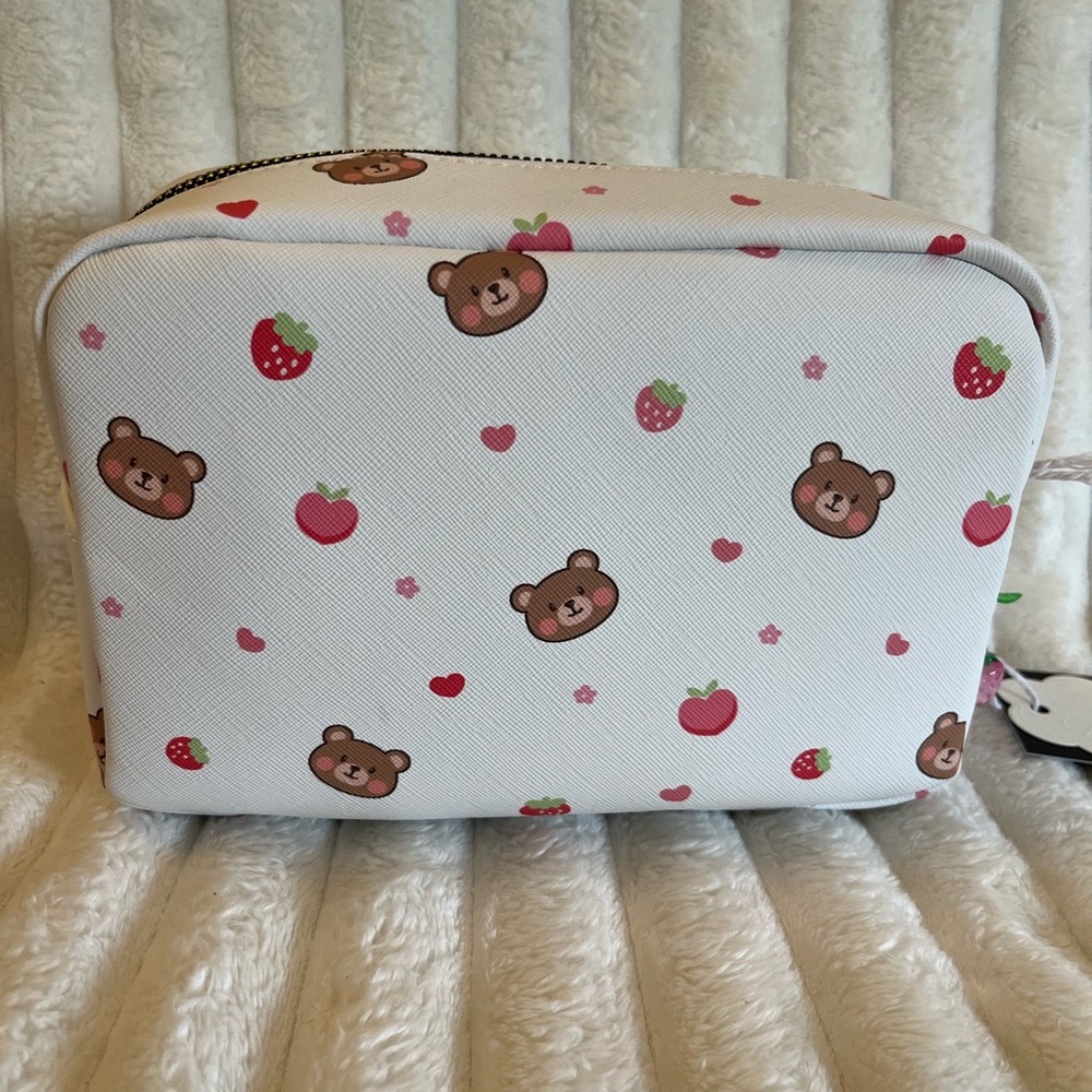 Cute Bear & Strawberry Print Cosmetic Bag - White & Pink
